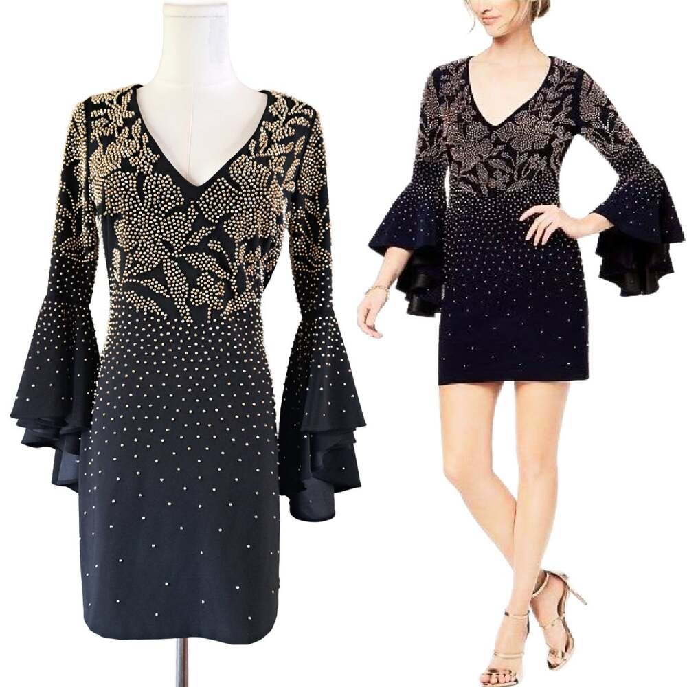 BETSY & ADAM Studded Bell Sleeve Mini Dress 4 Sheath Black Gold Floral Party